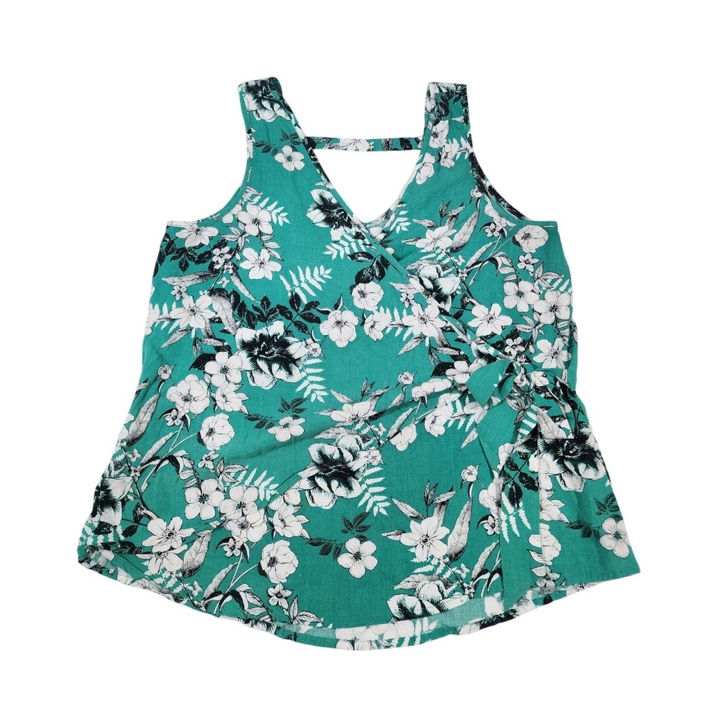 Eyeshadow Floral Faux Wrap Tank Top Large‎ Teal White Boho Summer Sleeveless